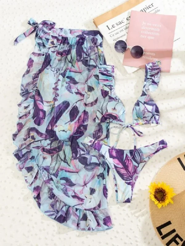 botanical-print-ruffled-three-piece-bikini-set