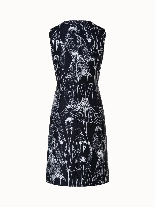 cotton-silk-double-face-sheath-dress-with-croquis-print-black-ecru cotton-silk-double-face-sheath-dress-with-croquis-print-black-ecru