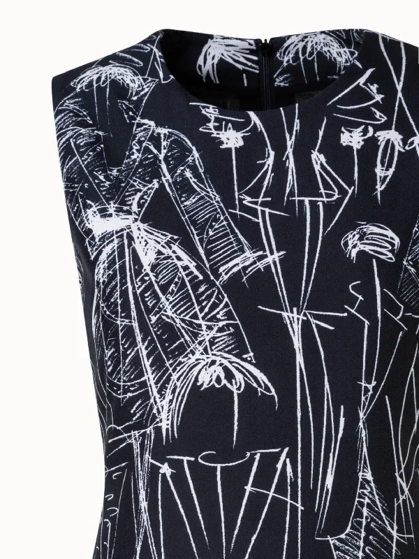 cotton-silk-double-face-sheath-dress-with-croquis-print-black-ecru cotton-silk-double-face-sheath-dress-with-croquis-print-black-ecru