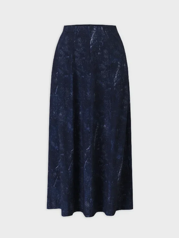 Denim Printed Panel Skirt-Blue 36