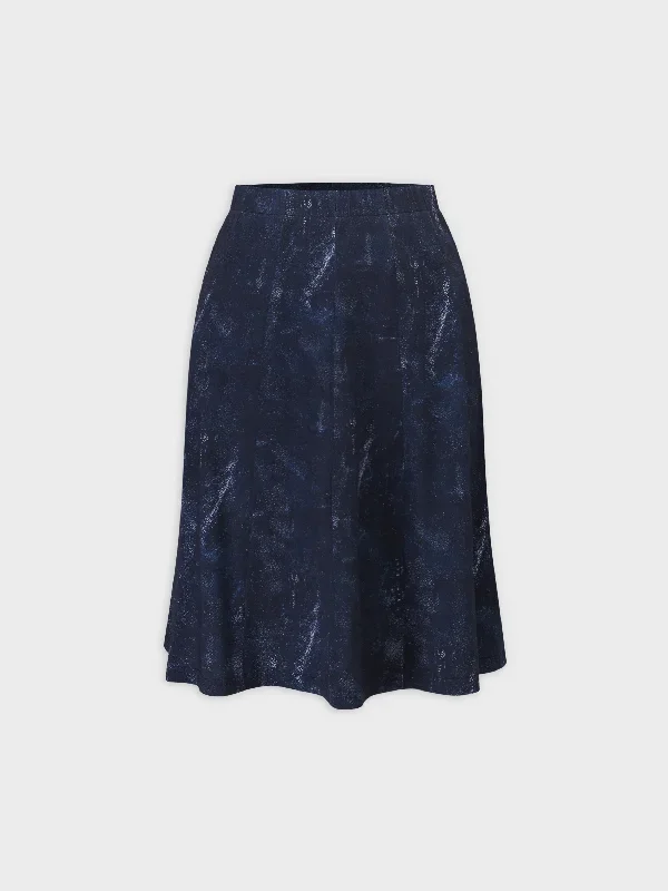 Denim Printed Panel Skirt-Blue 24