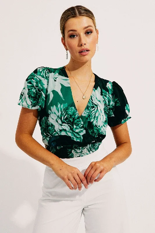 Floral Print Short Sleeve Floral Print V-Neck Crop Top