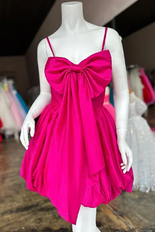 Fuchsia Spaghetti Strap Bow-Front A-Line Short Party Dress