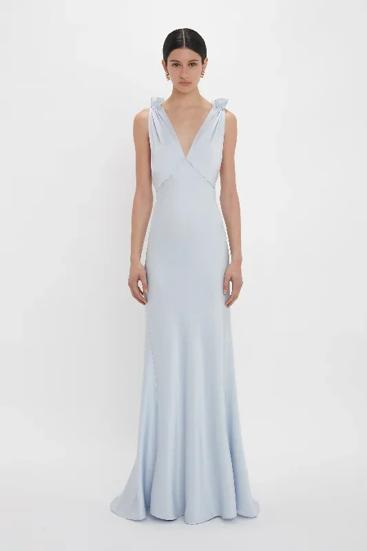 Exclusive Gathered Shoulder Cami Floor-Length Gown In Ice Blue