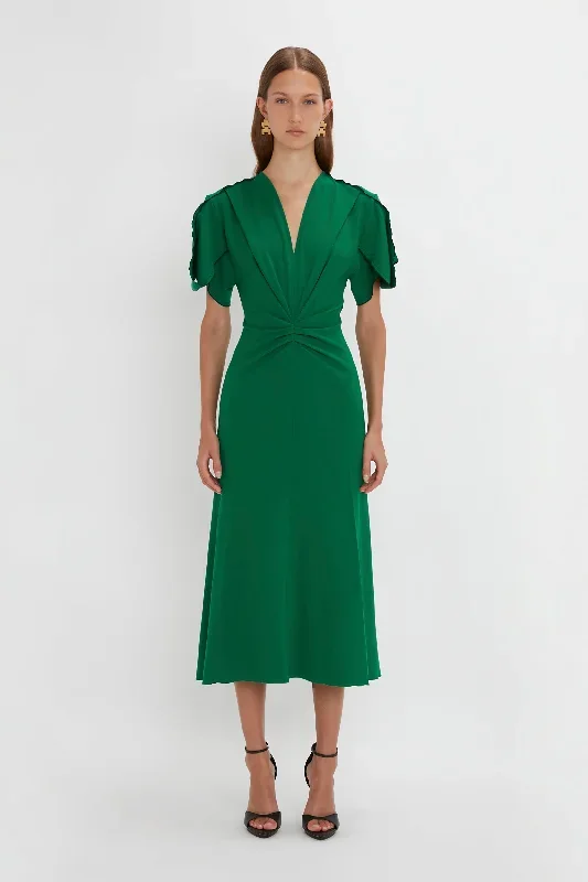 Gathered V-Neck Midi Dress in Emerald