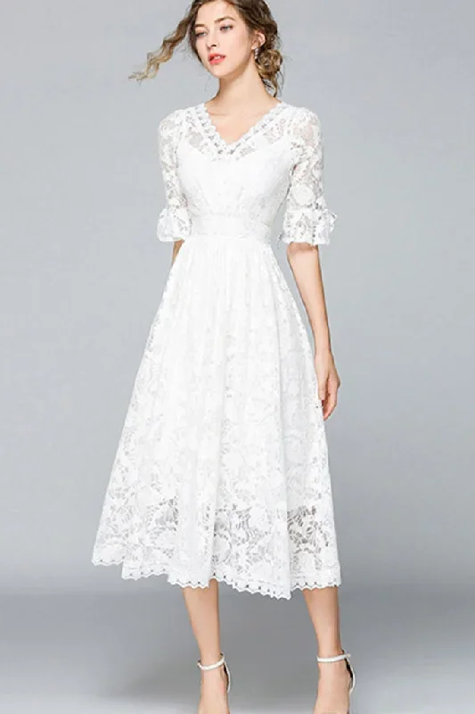 Half Ruffle Sleeve Hollow Out Lace Dress - S in Clearance