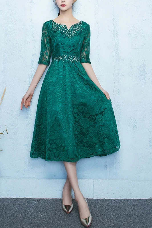 half-sleeve-beaded-hollow-out-lace-a-line-dress
