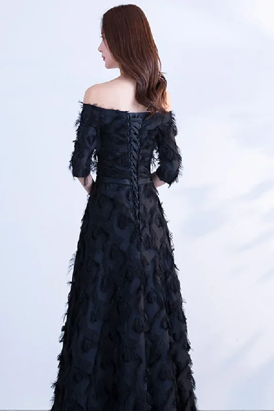 half-sleeve-off-shoulder-shaggy-maxi-formal-dress