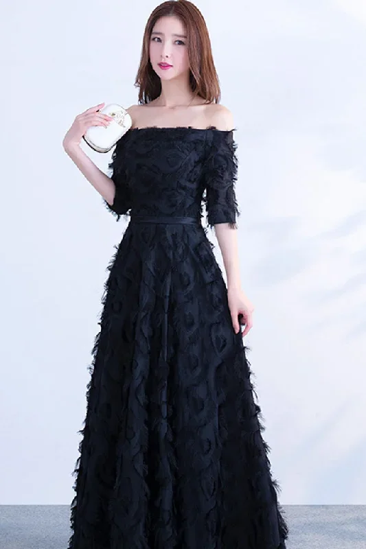 half-sleeve-off-shoulder-shaggy-maxi-formal-dress