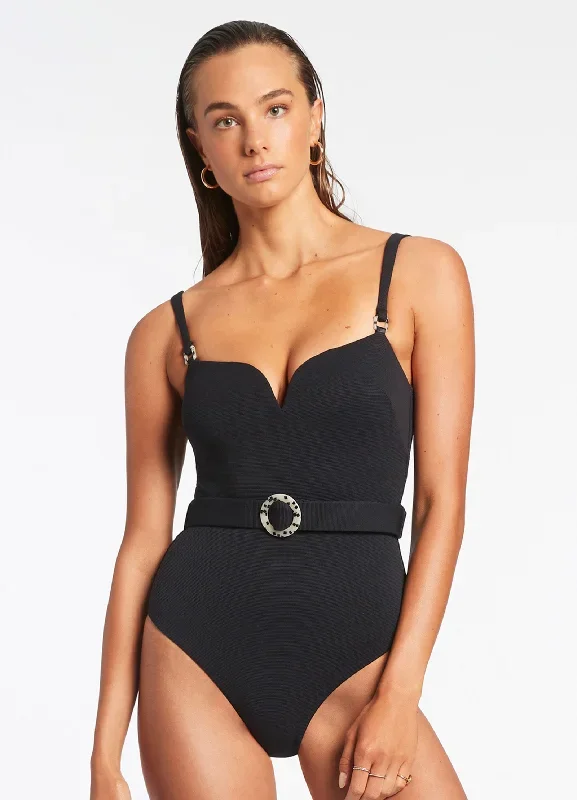 Isla Rib Sweetheart Tank One Piece - Black