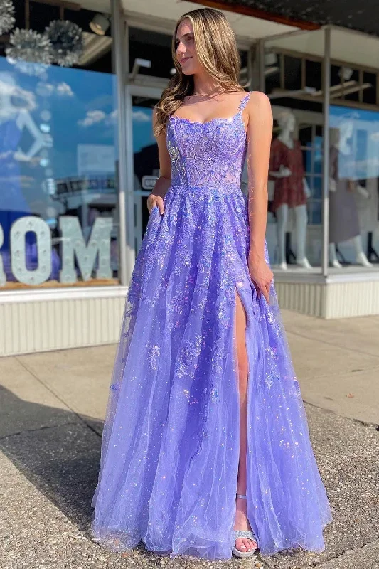 Lavender Tulle Sequin Scoop Neck A-Line Long Dress with Slit