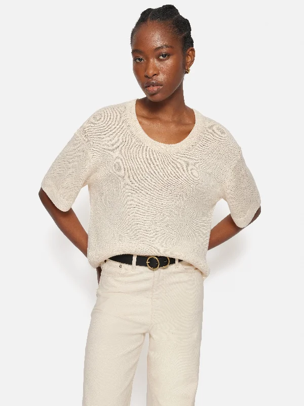 Linen Scoop Neck Knitted T-Shirt | Ivory