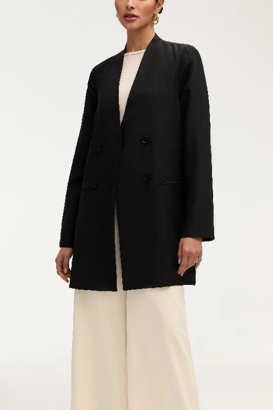 Longline Cupro Linen Oversized Blazer - Black