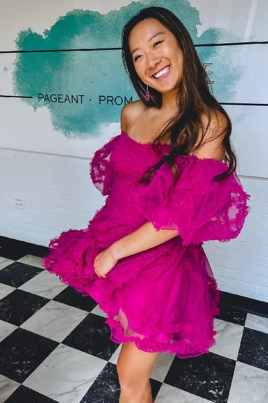 magenta-strapless-ruffles-a-line-short-party-dress-with-puff-sleeves