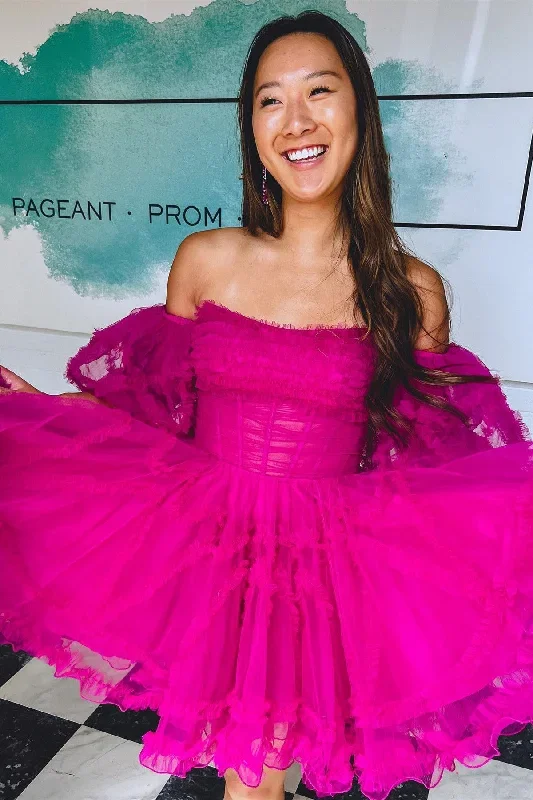 magenta-strapless-ruffles-a-line-short-party-dress-with-puff-sleeves