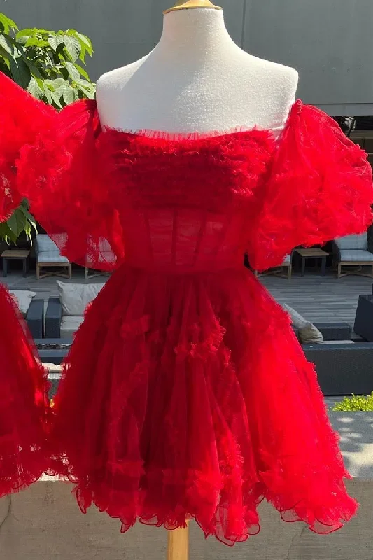 magenta-strapless-ruffles-a-line-short-party-dress-with-puff-sleeves