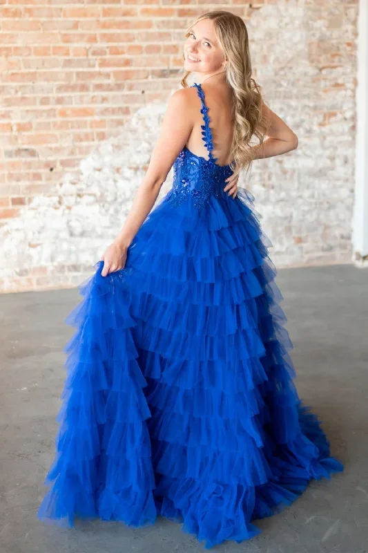 magenta-v-neck-lace-appliques-ruffle-tiered-long-prom-dress