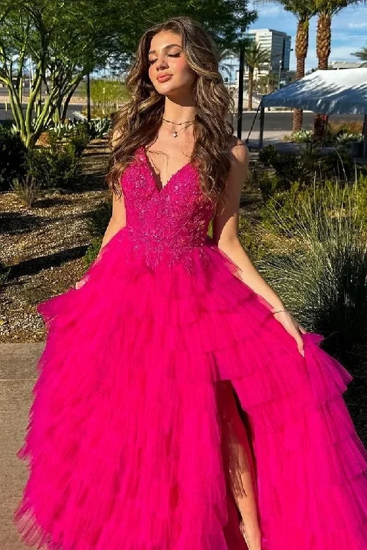 magenta-v-neck-lace-appliques-ruffle-tiered-long-prom-dress