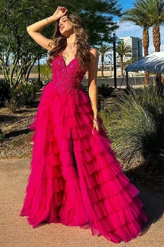 magenta-v-neck-lace-appliques-ruffle-tiered-long-prom-dress