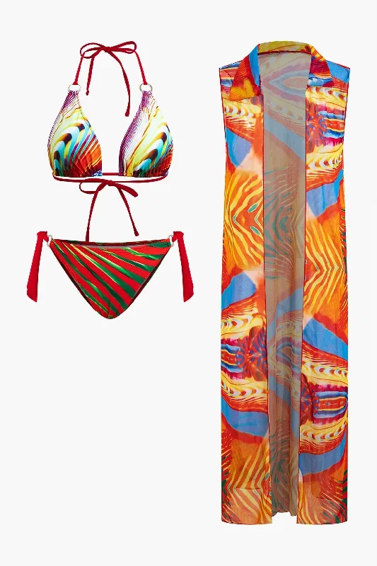 Abstract Print Halter Bikini Set With Cover Up