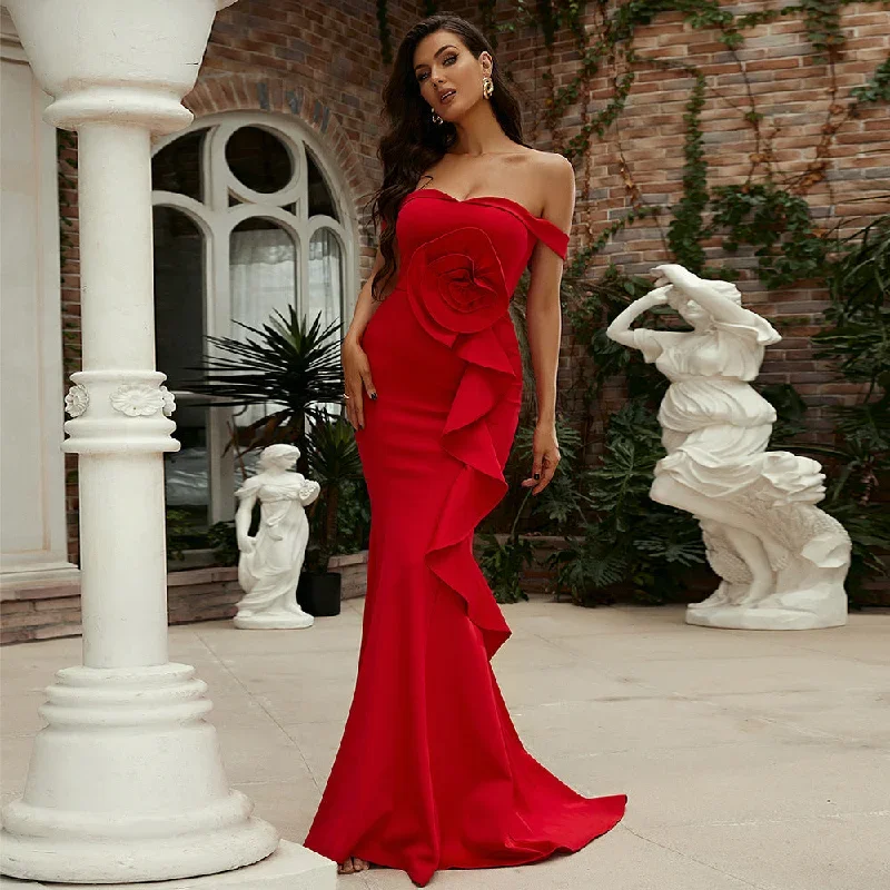 off-shoulder-ruffled-red-knit-sexy-evening-dress