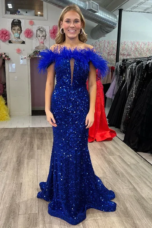 Off-the-Shoulder Royal Blue Sequin Feathers Keyhole Long Dress