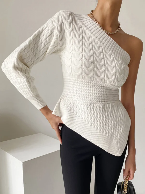 One Shoulder Asymmetrical Cable Knit Sweater