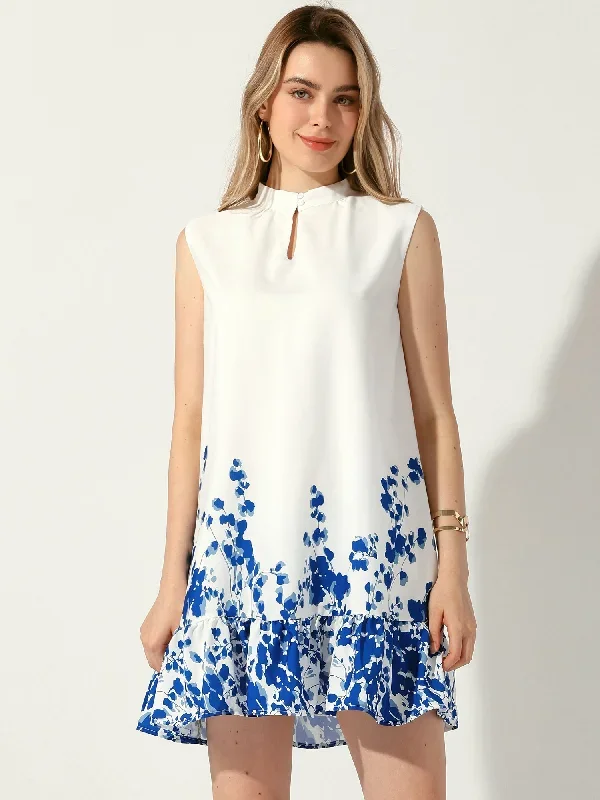 Floral Printed Ruffled Hem Sleeveless Mini Dress