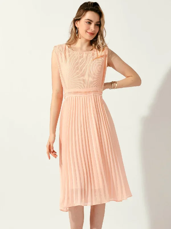 Pleated High Waist Zip Back Scoop Neck Sleeveless Flowy Midi Dress