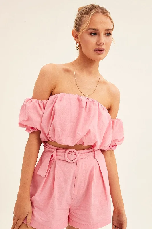 Pink Crop Top Off Shoulder Puff Sleeve