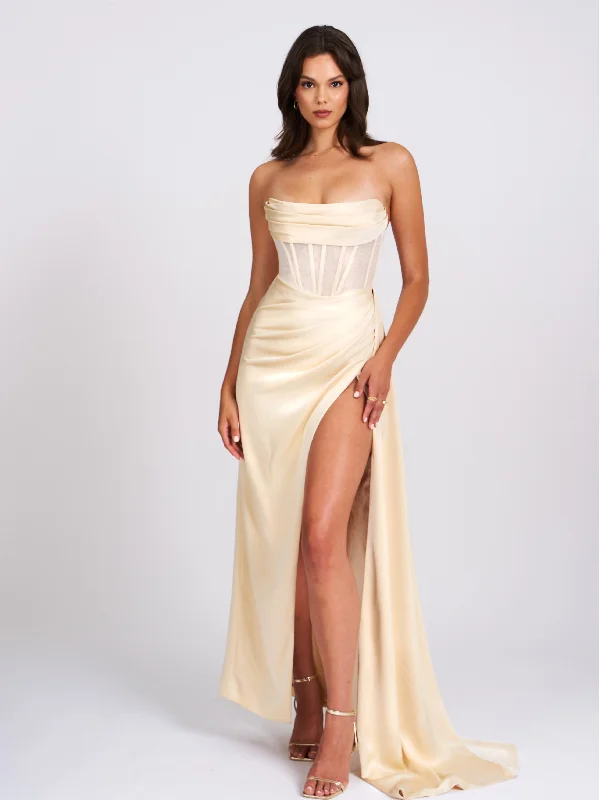 Prisa Egg White High Slit Satin Corset Gown