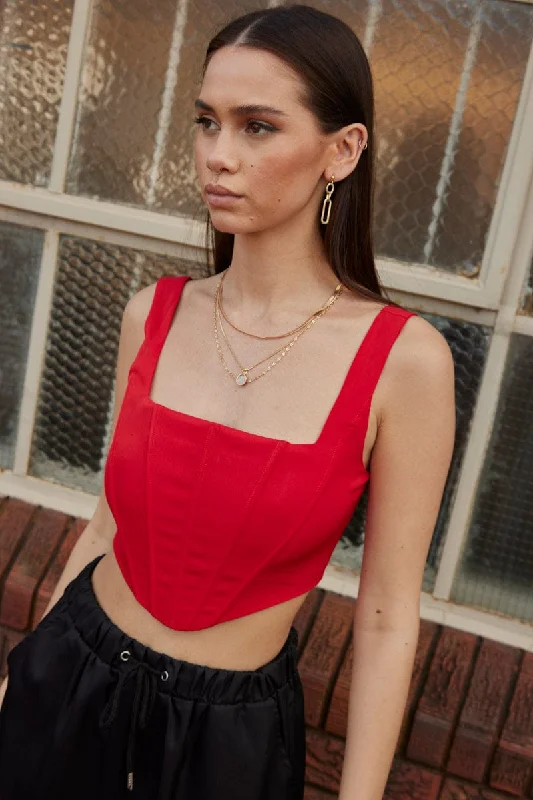 Red Corset Top Sleeveless Square Neck Crop Structured