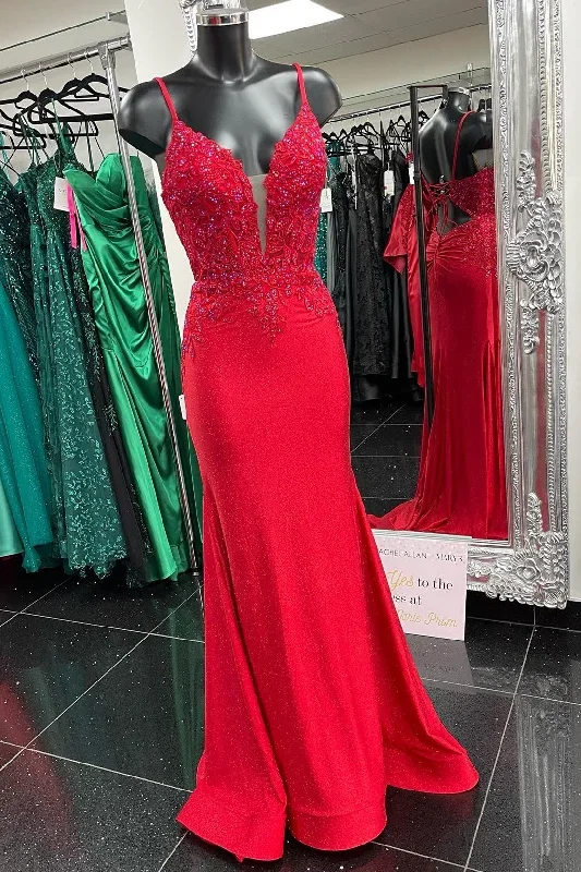 Red Plunge V Appliqué Lace-Up Mermaid Long Prom Dress