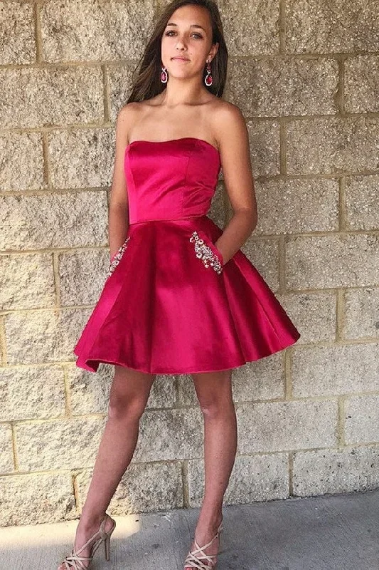 Red Strapless A-Line Short Homecoming Dress with Pockets