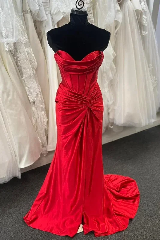 Red Strapless Twist-Front Mermaid Long Dress with Slit