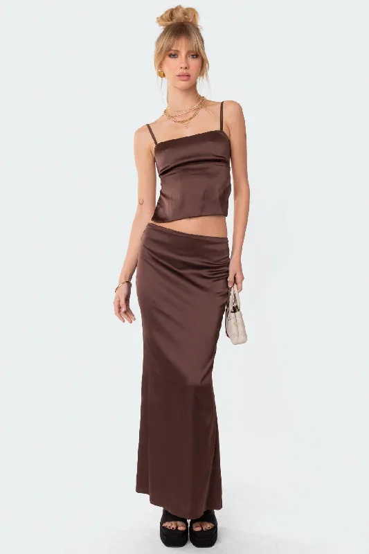 Satin Low Rise Back Slit Maxi Skirt