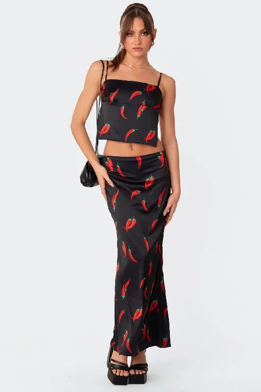 Chili Satin Low Rise Back Slitted Maxi Skirt