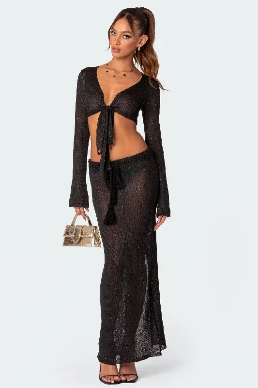 Micro Sequin Tassel Sheer Knit Maxi Skirt