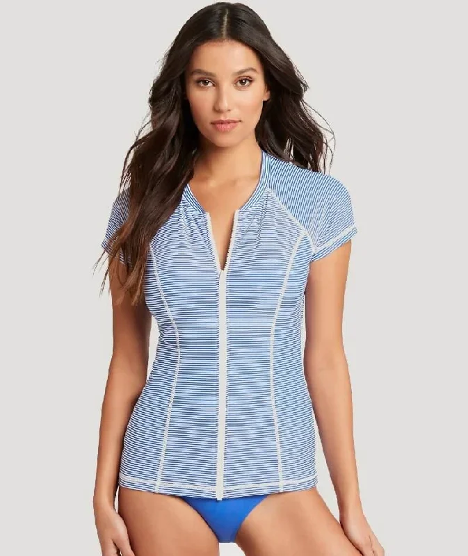 Sea Level Positano Stripe Short Sleeved B-DD Cup Rash Vest - Full Zipper - Azure