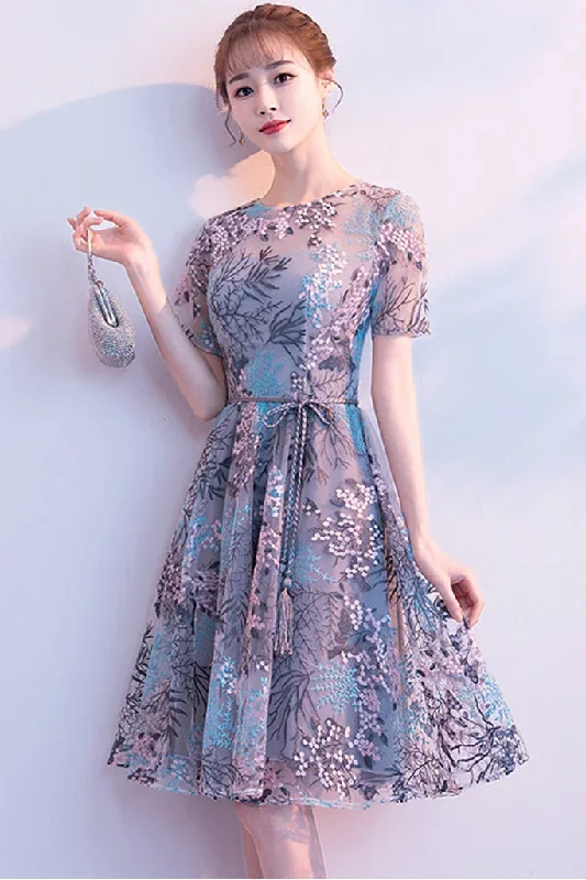 Short Sleeve Embroidered Tulle Midi Dress