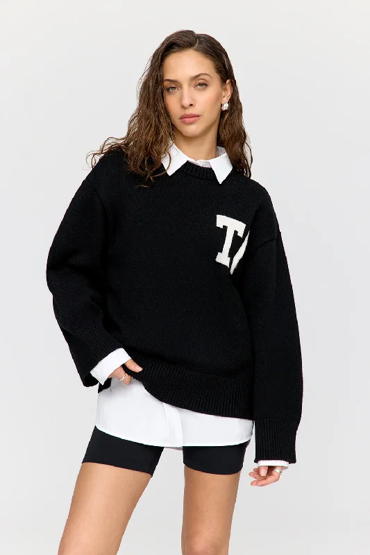 T LOGO KNIT SWEATER - BLACK AND MILK