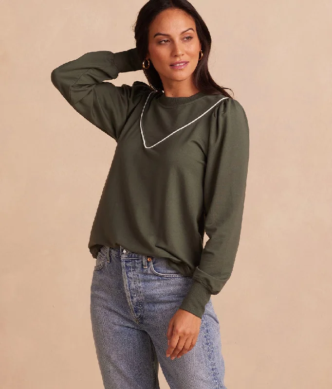 The Softest French Terry Contrast Puff-Sleeve Pullover - Olive & White Sand