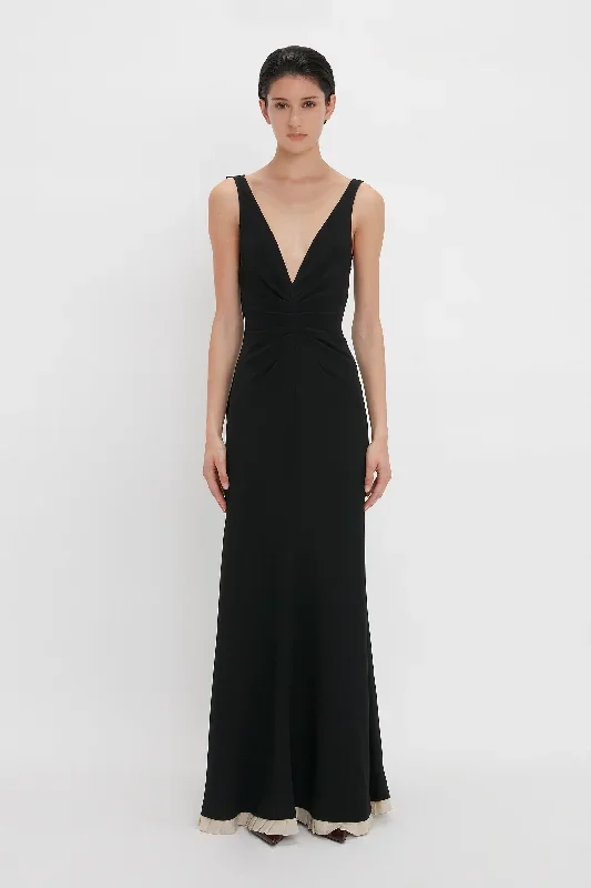 V-Neck Gathered Waist Floor-Length Gown In Black