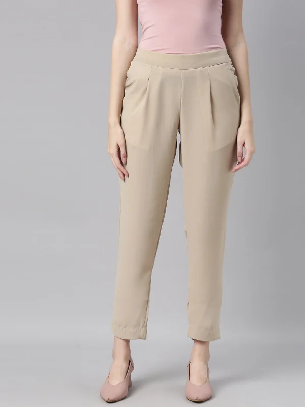 Women Solid Beige Formal Trouser