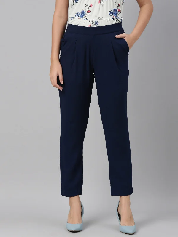 Women Solid Navy Formal Trouser