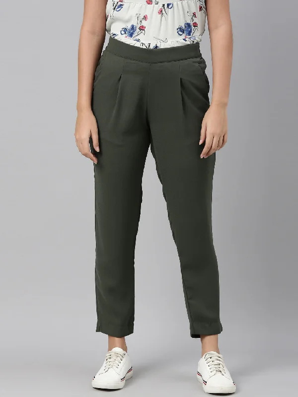 Women Solid Olive Green Formal Trouser