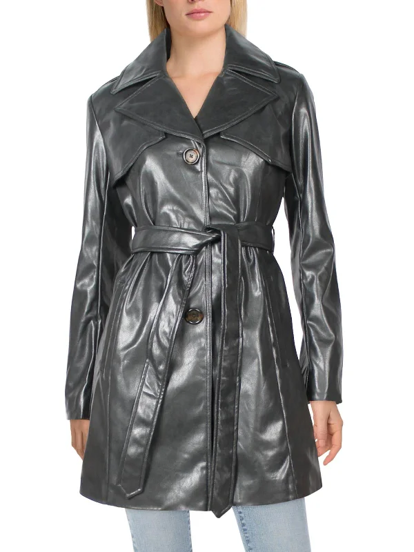 Womens Faux Leather Cold Weather Trench Coat