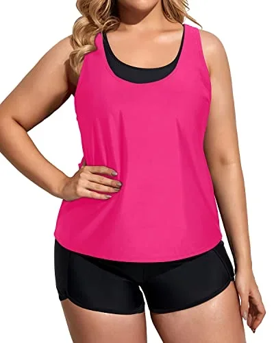 Loose Plus Size Bathing Suits For Women With High Waisted Boy Shorts-Neon Pink