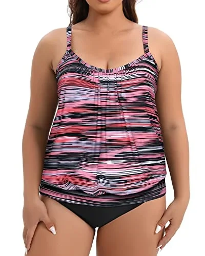 Blouson Tankini Tops With Swim Bottoms For Women-Pink Stripe