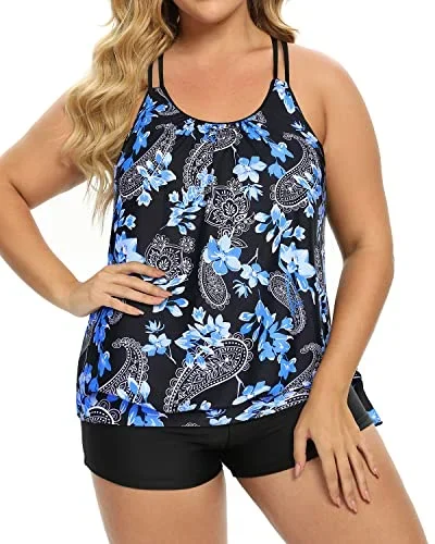 Loose Fit Plus Size Tankini For Women With Sporty Boyleg Swim Short-Black Floral